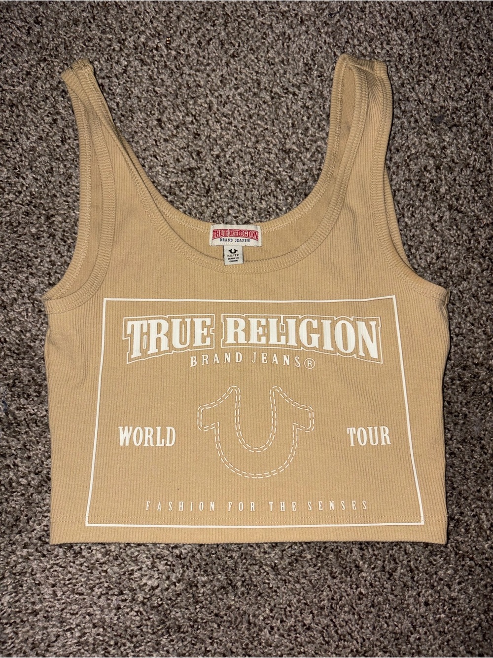 True Religion Beige Cropped Logo Ribbed Tank